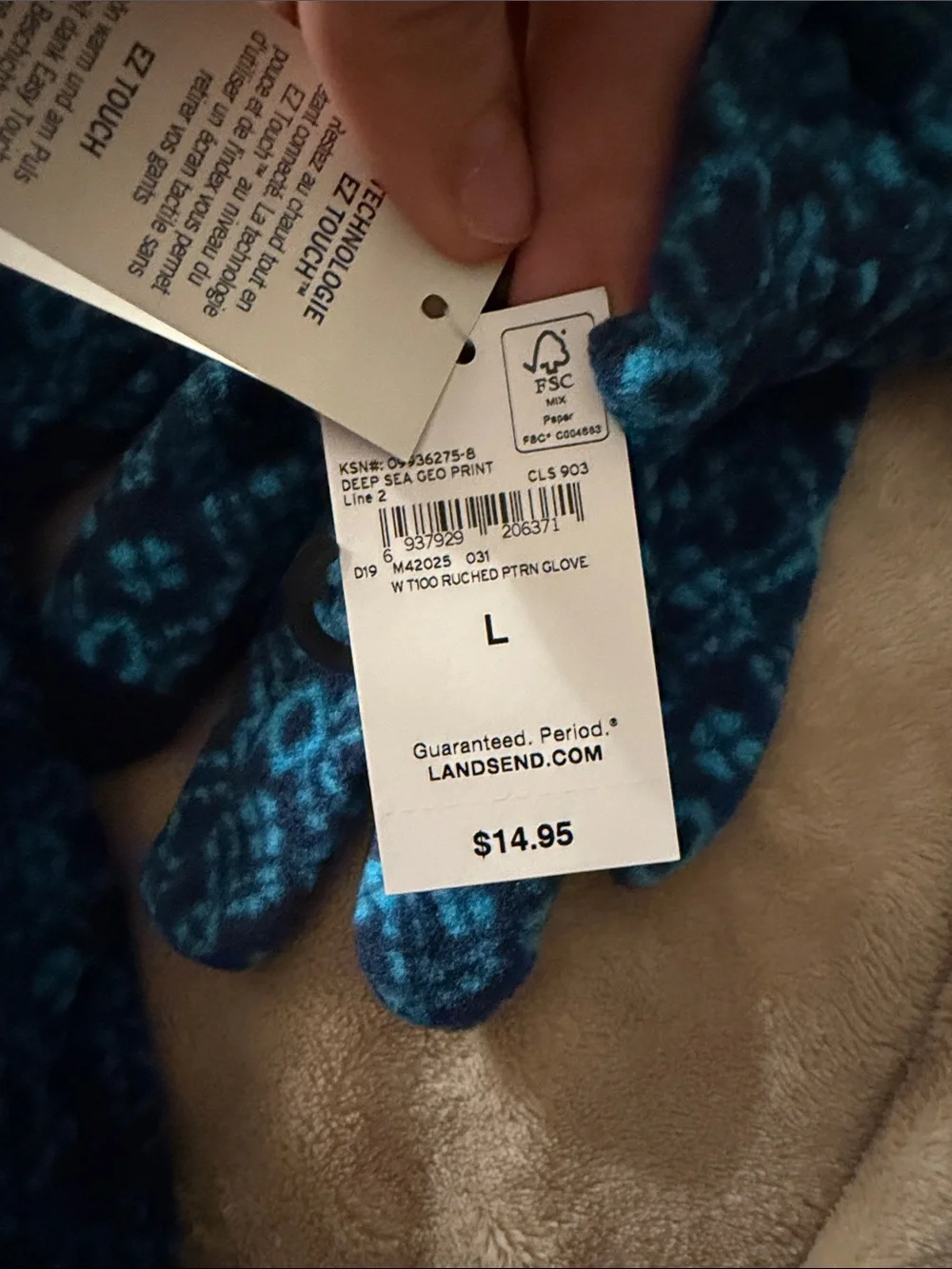 Lands' End Navy and Teal Patterned Knit Scarf with Matching Gloves
